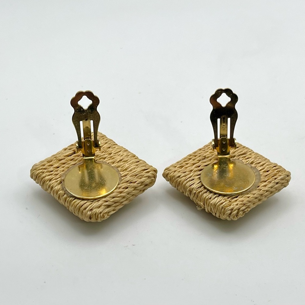 Rustic Jute Square Clip Earrings Statement Boho Vibe Neutral - Picture 13 of 16